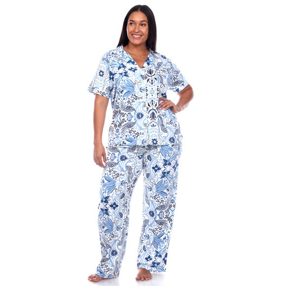 Plus Size Short Sleeve & Pants Tropical Pajama Set - Picture 2 of 4